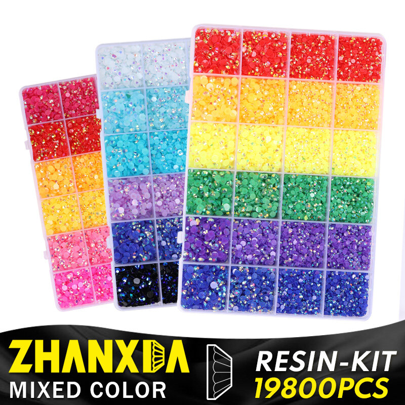 Ab Jelly Resin Flatback Rhinestones Kit Mixed Color Round Shape Nail Gemstones For Crafts Tumblers 3/4/5mm 19800pcs