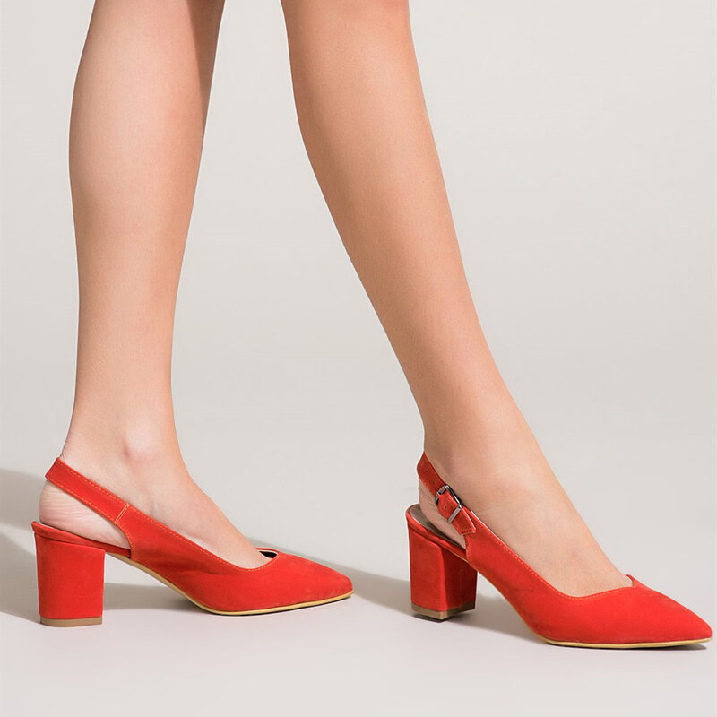 Женские замшевые босоножки с ремешком на щиколотке, заостренный носок, обувь на толстом каблуке 7 см, оранжевые туфли-лодочки