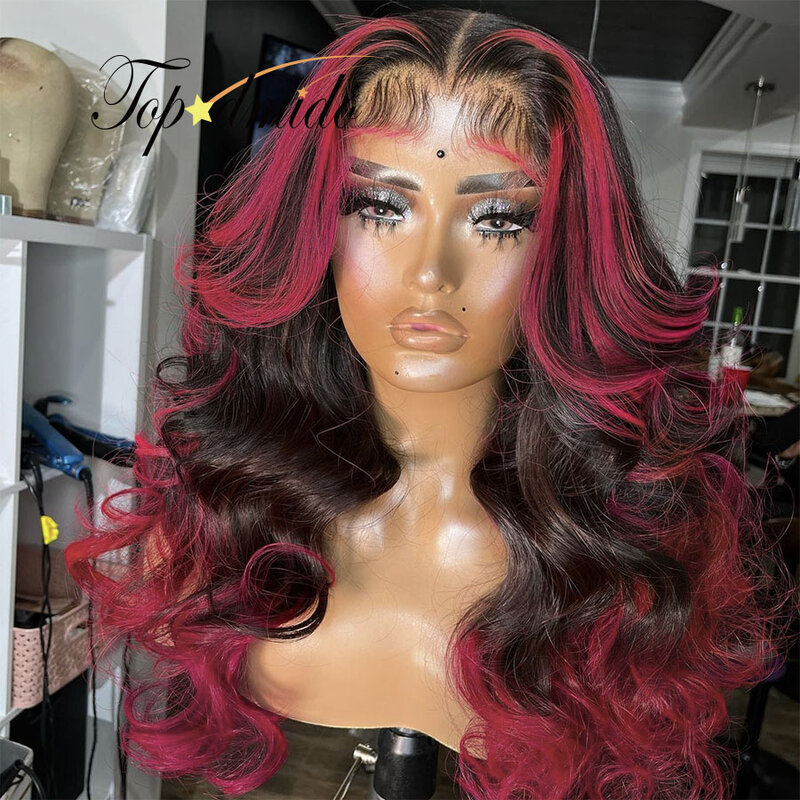 Topodmido Pink Highlight Color Peruvian Human Hair Wig With Pre Plucked Hairline Glueless 13x4 Lace Front Wigs Closure 4x4 Wigs