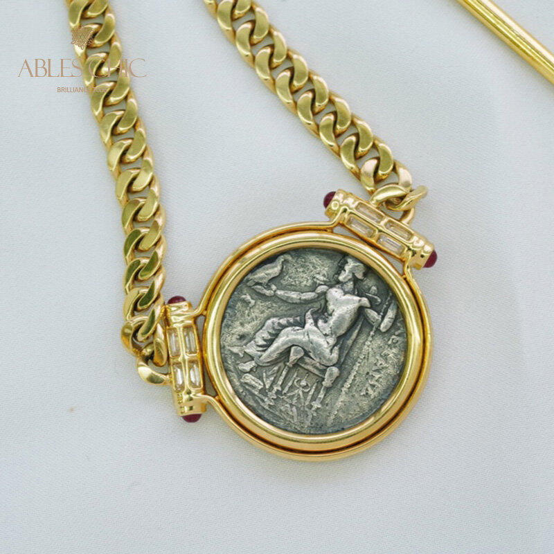 Byzantine Alexandra III 18K Gold Authentic Ancient Coin Pendant Diamond 0.548ct Ruby 0.46ct Medallion Necklace 41cm 81.7g