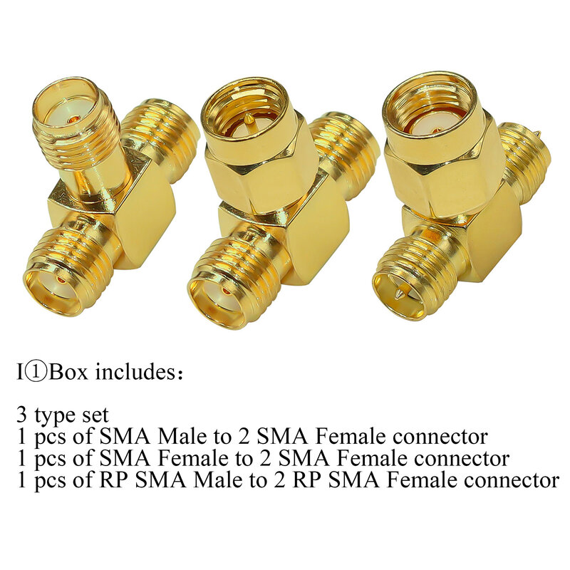 Conector divisor de T triplo, SMA, RP-SMA macho para Dual SMA, RP-SMA adaptador fêmea, 3 tipos por lote, 2pcs por lote