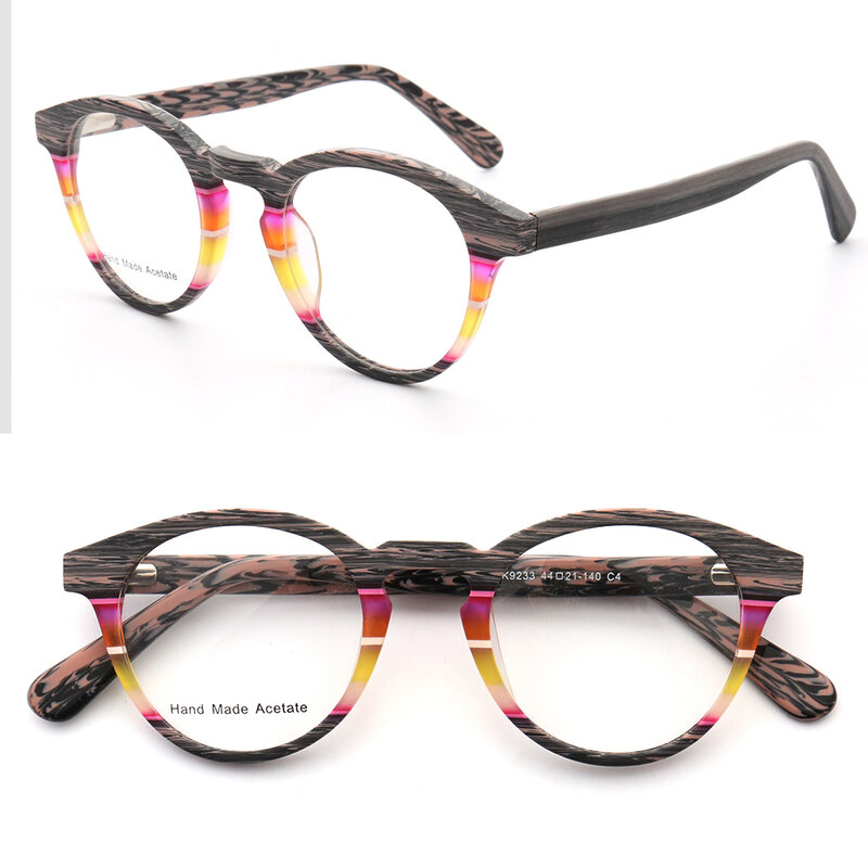 Moldura redonda para homens e mulheres, óculos ópticos, óculos acetato Rx, óculos listrados azuis, vintage retrô, grão de madeira
