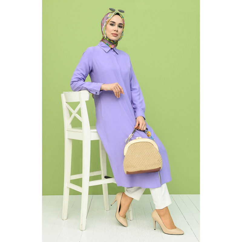 2021 Baru 4 Musim Wanita Muslim Kemeja Tunik Viscose Saku Kerah Lengan Panjang Model Turki Gaun Kasual Wanita Dalam Ruangan