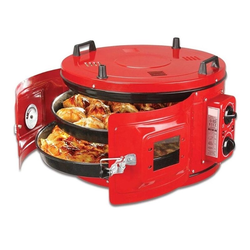RED COLOR Commercial Round Countertop 220V Drum Oven Bakery Pastry Snack Cookie Roaster Pizza Multipurpose Oven 2xPan included