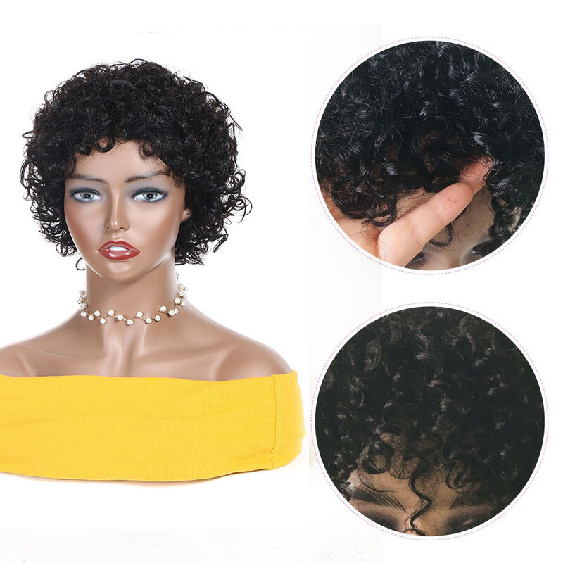 Perruque de cheveux humains bouclés coupe lutin courte pour femmes noires, entièrement fabriquée à la machine, sans colle, perruque afro bon marché, densité 150