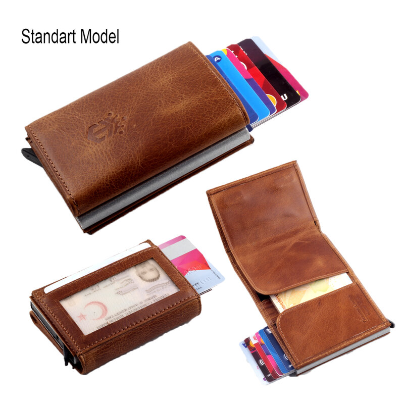 Inteligentny portfel wizytownik prawdziwa krowia skóra Handmade inteligentny automatyczny wizytownik prezent dla mężczyzny portfel portfele portfel meski portfel męski wallet card holder etui na karty etui na karty kre