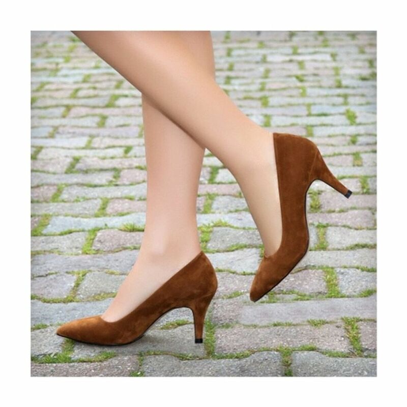 7 centímetros do Salto Do Sapato De Camurça Tan para As Mulheres Fina Stilettos de Salto Alto Clássicos sapatos Baixos Dedo Do Pé Fechado Sandálias para a Mulher Sapatos de Salto Baixo do Vestido