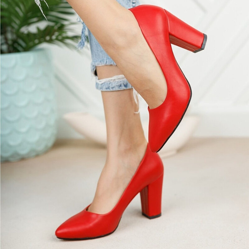 Zapatos de tacón grueso de piel sintética para mujer, Sandalias de tacón alto de 10 cm, talla grande 34-45, color rojo, 2023