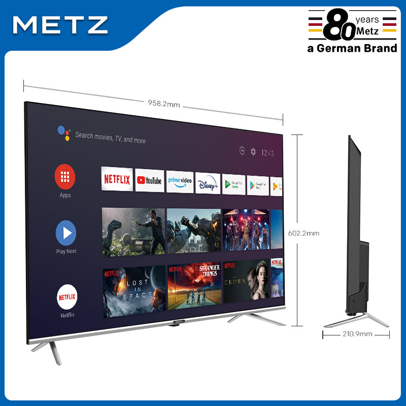 텔레비전 43 인치 스마트 TV METZ 43MUB7000 UHD 안드로이드 TV 9.0 Frameless Google Assistant 음성 원격 제어 2 년 보증