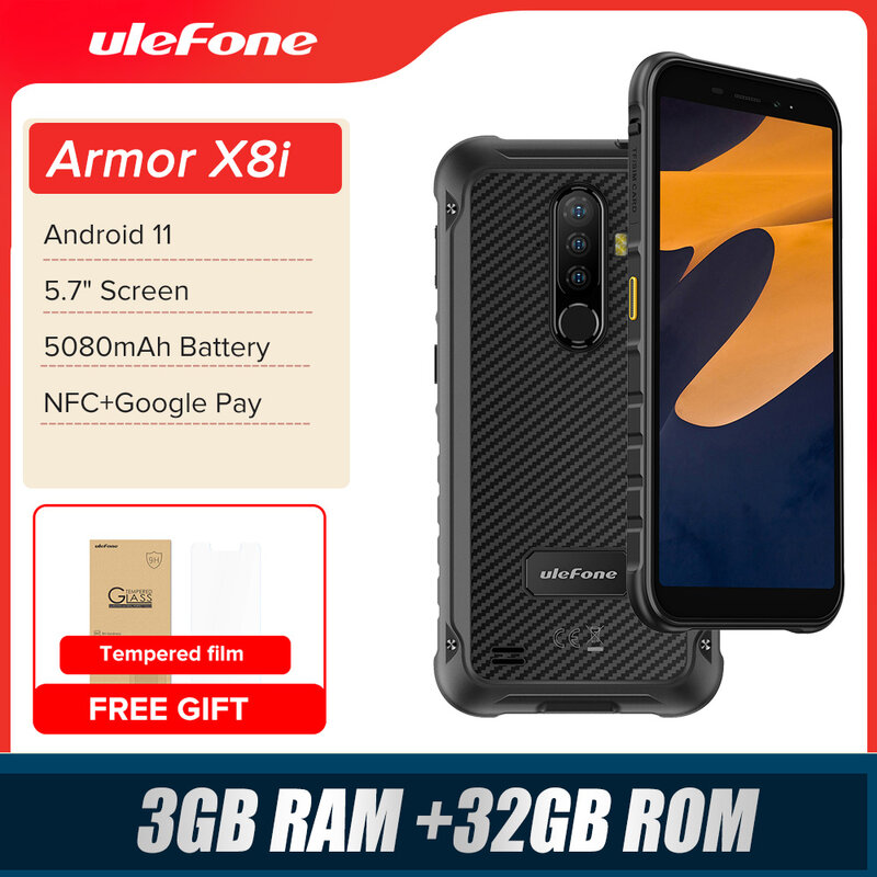 Ulefone armor x8i smartphone android robusto impermeável/nfc/3gb + 32gb 5.7 "celular global 4g lte desbloqueado telefone móvel