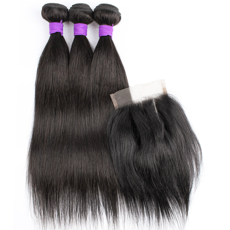 3 Bundels Met 4X4 Vetersluiting 200 G/partij Natuurlijke Kleur Indian Human Hair Extension Straight 4*4 transparant Zwitserse Lace