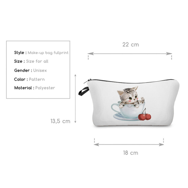 Teacup gato impresso sacos cosméticos mulheres maquiagem saco de alta qualidade mini viagem senhora para unha polonês saco de armazenamento criança lápis caso