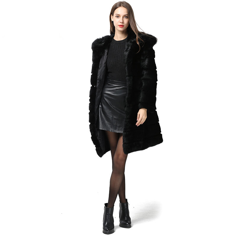 진짜 토끼 모피 코트 후드 판매 새로운 긴 스타일 겨울 여성의 천연 가죽 럭셔리 블랙, 두껍고 따뜻한 전체 피부 모피 재킷