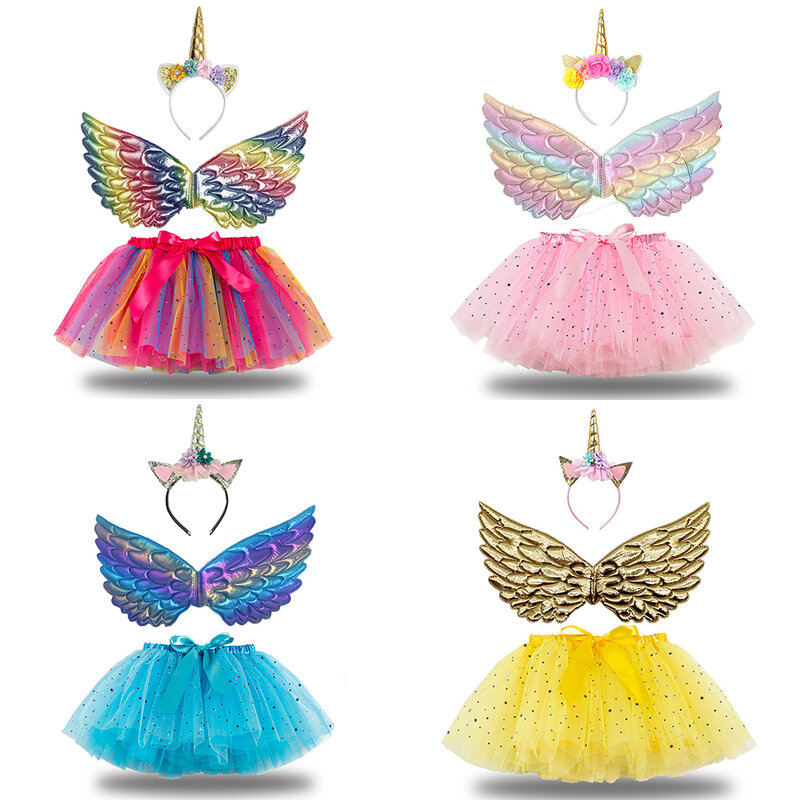 Meisje Verjaardagsfeestje Kostuum Eenhoorn Hoorn Hoofdband Leuke Fee Vleugel En Sparkle Tutu Rok Set Voor Prinses Cosplay Outfit