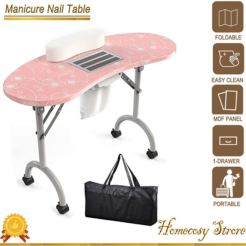 Foldable Mani Desk For Home Beauty Salon with Wrist Cushion Fan Dust Collector Wheels Carry Bag Manicure Table Nail Station