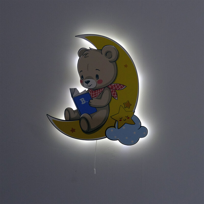 Siedzący niedźwiedź księżyc drewniany wzór oświetlenie dekoracyjne nowoczesne sypialnia kinkiety Led oświetlenie nocne 2021 Model 002