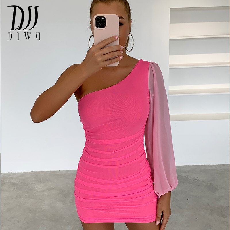 DIWU Elegant One Shoulder Long Sleeve Dress For Women 2022 Sexy Party Dress Lantern Sleeve Cut Out Bodycon Dress Mini