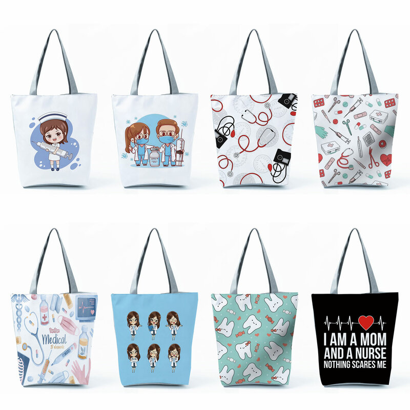 Cartone animato personalizzato dentista infermiera stampa Tote donne Designer borsa a tracolla borse moda Eco riutilizzabile Shopping Bag per generi alimentari