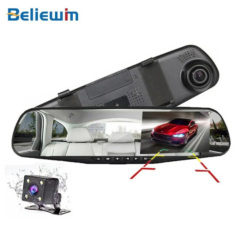 Beliewim 4.3 인치 자동차 DVR 카메라 HD 1080P 백미러 자동 카메라 비디오 재주문 듀얼 렌즈 대시 캠