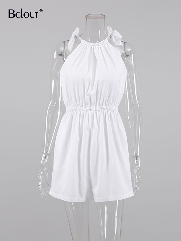 Bclout-monos de lino blanco para mujer, peto de algodón con cuello redondo y cordones, traje plisado de cintura alta para vacaciones, 2022
