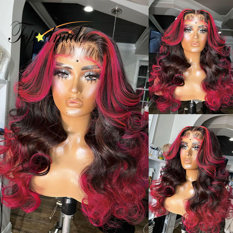 Topodmido Pink Highlight Color Peruvian Human Hair Wig With Pre Plucked Hairline Glueless 13x4 Lace Front Wigs Closure 4x4 Wigs