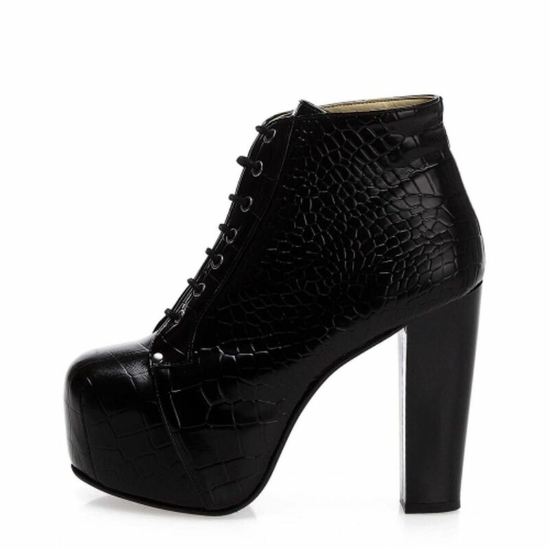 Chaussures de Crocodile pour femmes, bottes en cuir à talons, à plateforme haute, noires, automne et hiver