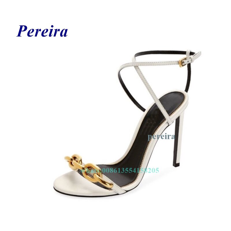 Metal Chain Decoration White Women Sandals 2022 Newest Open Toe Buckle Strap Sandals Thin Heel Cross Strap Sexy Summer Party