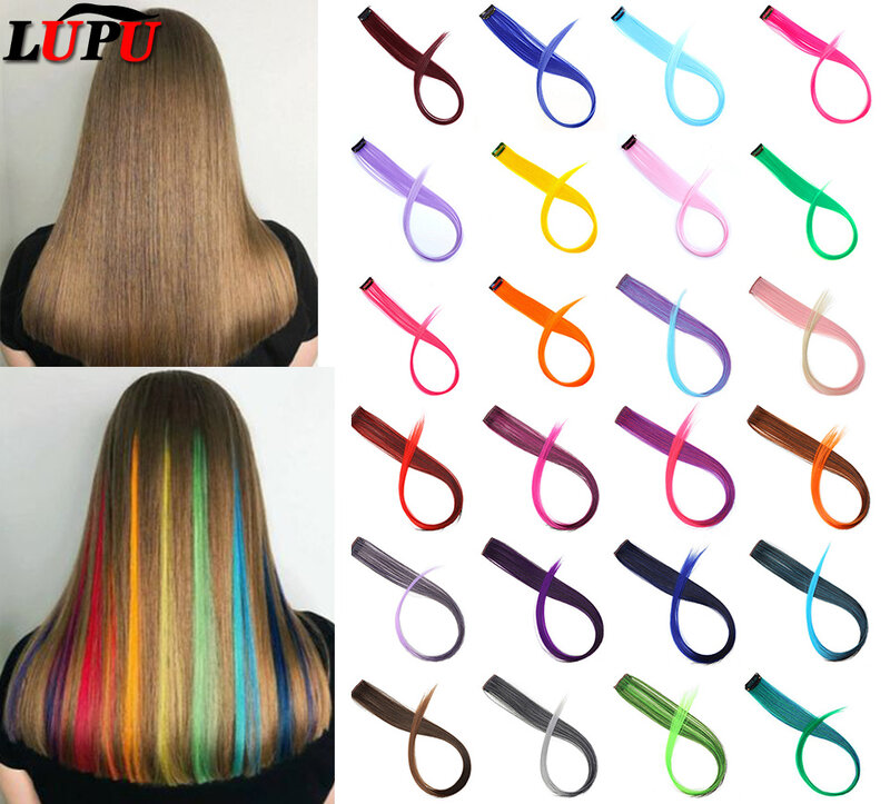 Lupu sintético clipe sobre grampos, reta extensão do cabelo, peruca colorida, arco-íris natural, resistente ao calor