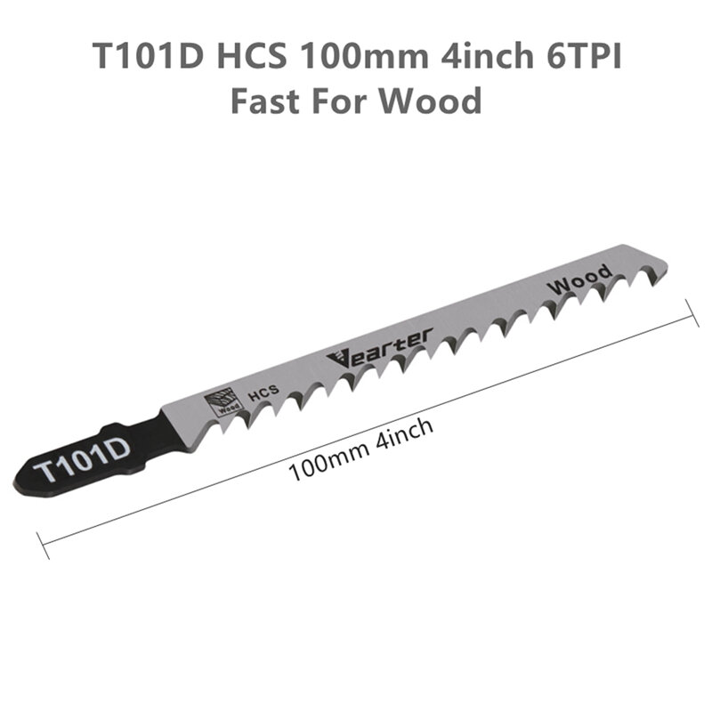 Vearter 5 pacote t101d jigsaw blade 4 polegadas 100mm hcs t-shank 6tpi rápido limpa cortes em plásticos de madeira compensada macia dura