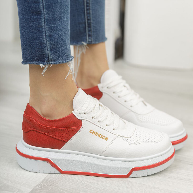 Chekich White and Red Artificial Leather Sneakers Women Men Summer Spring Sport Unisex Lightweight Mixed Color Casual Running Daily Footwear Orthopedic Walking Breathable Air Lighted Weight 2021 Fashion CH075 Women V5