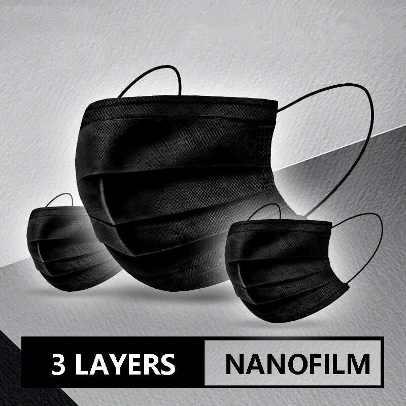 50 uds mascarillas Negro desechable no tejida con filtro de 3 capas máscara de boca máscara filtro facial seguro máscaras