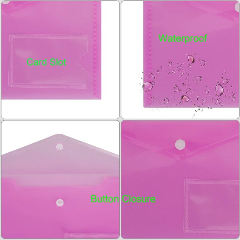 Carpeta de sobres de polietileno con botón a presión, Protector de documentos de plástico transparente, impermeable, para la escuela, la Oficina y el hogar, 5 piezas