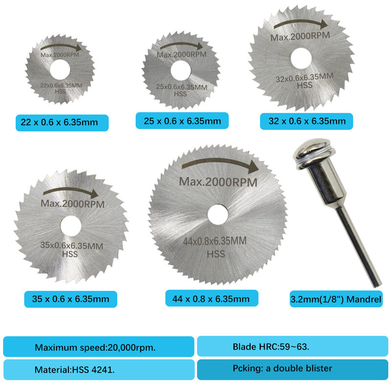 JTEX 22-44mm Circular Saw Blade Sets Max 2000RPM Cutting Disc Rotary Tool Accessories 6pcs