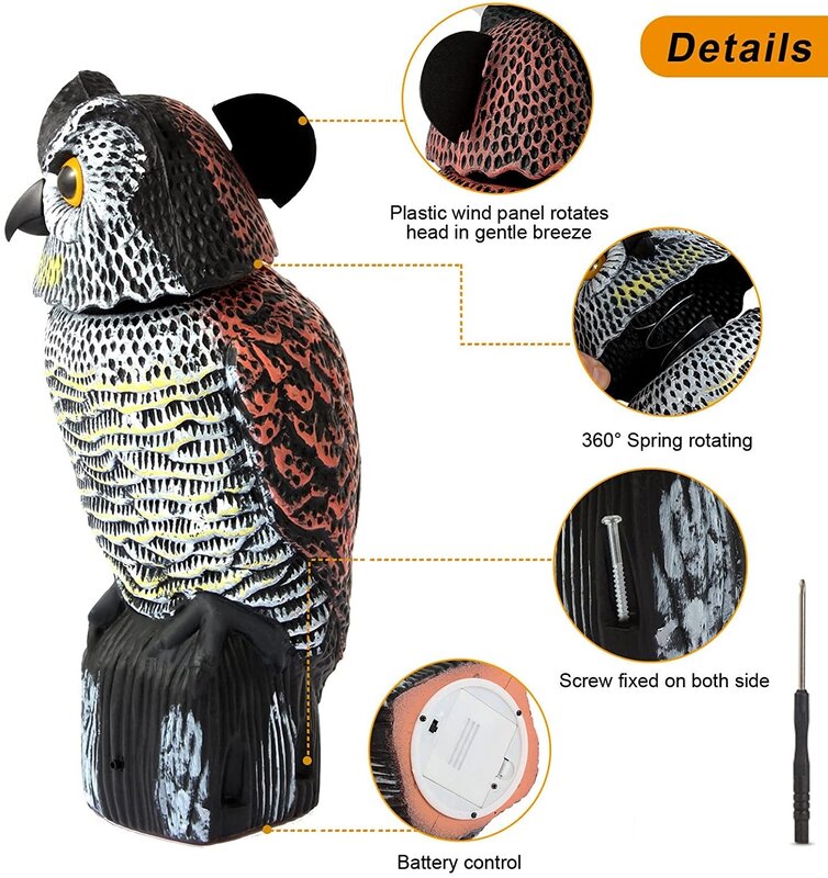 Palsu Burung Hantu Umpan Plastik Burung Hantu Orang-orangan Sawah Patung dengan Kepala Berputar dan Suara untuk Taman Halaman Burung Penolak Luar