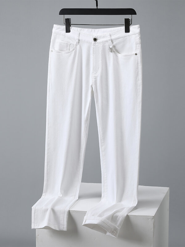 Pantalones informales ligeros de verano para hombre, pantalón largo recto de algodón elástico, ajustado, estilo chino, para oficina y negocios