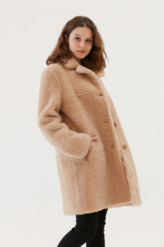 Jaket Shearling Wanita Kulit Domba Asli dan Bulu Mantel Hangat Musim Dingin Produk Pakaian Desain Musim Baru Kulit Mewah Klasik