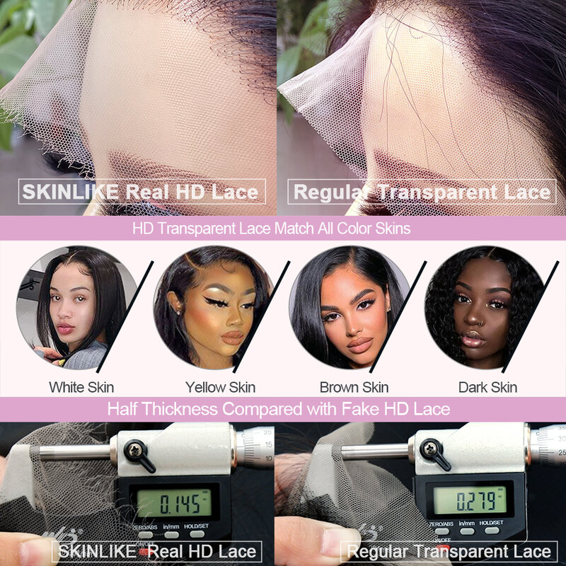 SKINLIKE Real HD Lace Frontal Melt Skins Straight invisible HD Lace Closure Only Deep Wave Kinky Curly Water Wave Human Hair