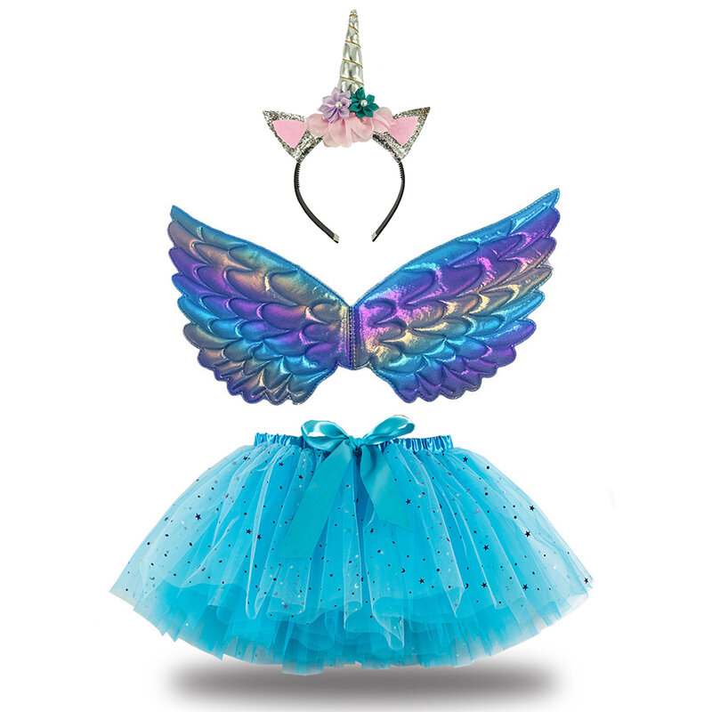 Костюм для девочек на день рождения, повязка на голову с рогом единорога, Милая блестящая юбка-пачка с крыльями феи, комплект для косплея принцессы