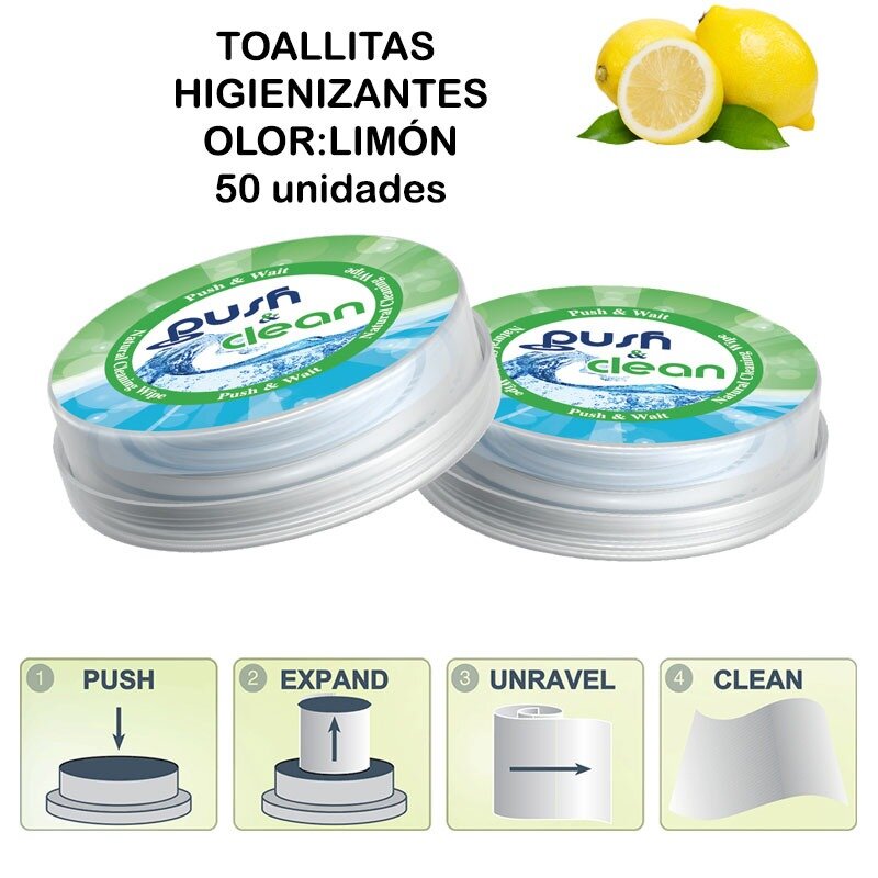 Toallitas humedas Push Clean agradable olor a limon 50 unidades 100% biodegradables muy practicas para llevarlas a cualquier lug