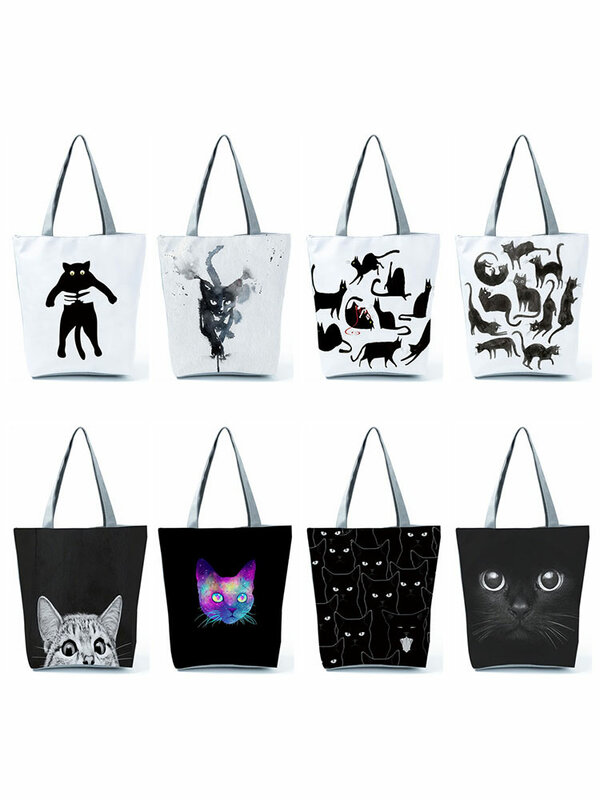 Вместительные сумки с животным дизайном, женская сумка, черная сумка-шоппер с принтом кошки, сумка, многоразовая офисная Повседневная сумка на плечо, Прямая поставка