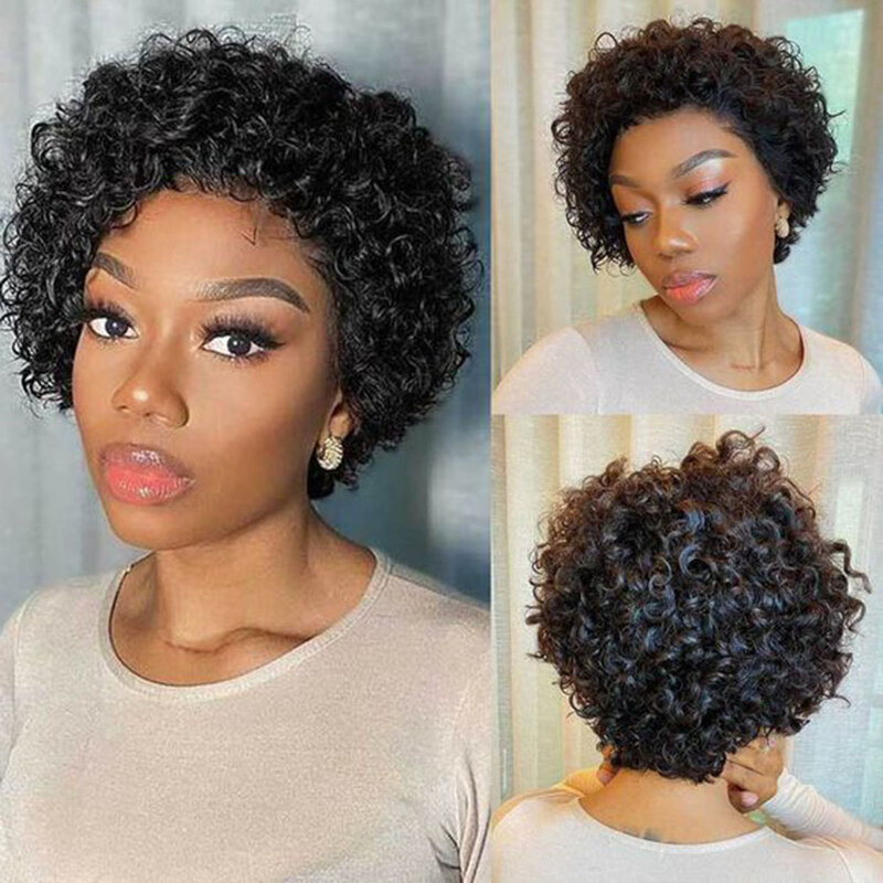 Parrucca Pixie Cut parrucca corta riccia a buon mercato per capelli umani Remy per donne nere sotto $50 parrucca riccia Afro Glueless a macchina piena densità 150%