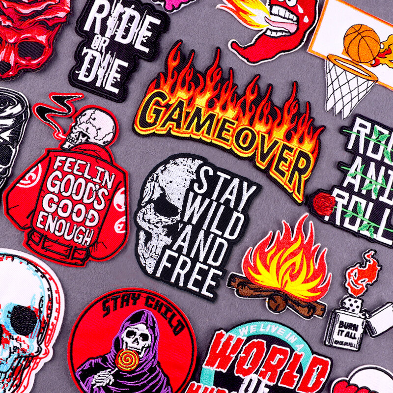 Flame Letters Stickers Iron On Patches For Clothing Thermoadhesive Patches Punk Skull Embroidered Patches On Clothes Badges DIY