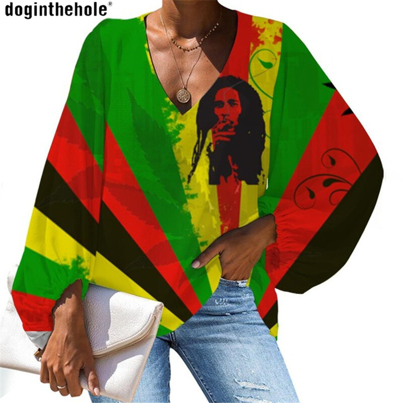 Dogintech blusas femininas casuais raggae bandeira jamaicano, roupas femininas soltas roupas para mulheres 2020 outono