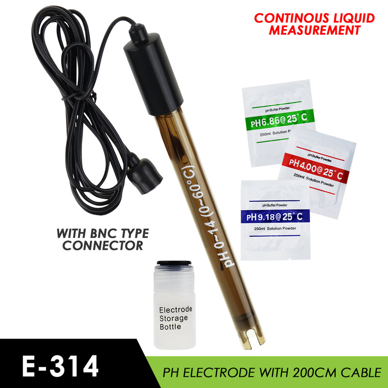 Sonda tipo BNC de electrodo PH con Cable largo de polvo de calibración, conector BNC de 150cm, 200cm y 300cm para aplicación amplia de líquidos