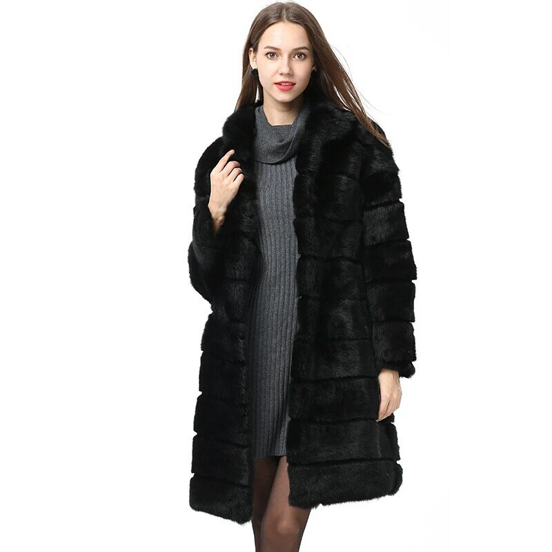 Mantel Bulu Kelinci Musim Dingin Baru 2022 Kerah Berdiri Jaket Panjang Rex Alami Hangat Lembut Mantel Wanita Bulu Penuh Tebal Mewah Ukuran Besar