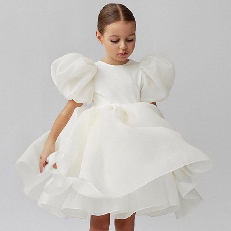 Fashion Girl White Princess Dress Tulle Puff Sleeve Wedding Party Kids Dresses for Girls Birthday Child Clothes Bridemaids Gown