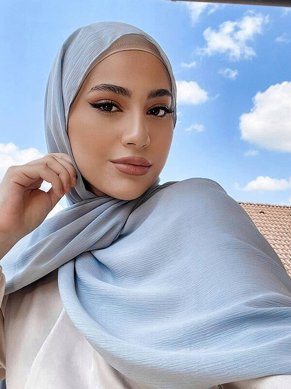 Syal Jilbab Sifon Kerut Premium Syal Sifon Selendang Lipit Polos Turban Femme Chic Bandana Muslim Crepe Hijab untuk Wanita Ramadhan