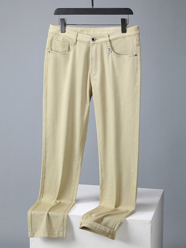 Pantalones informales ligeros de verano para hombre, pantalón largo recto de algodón elástico, ajustado, estilo chino, para oficina y negocios