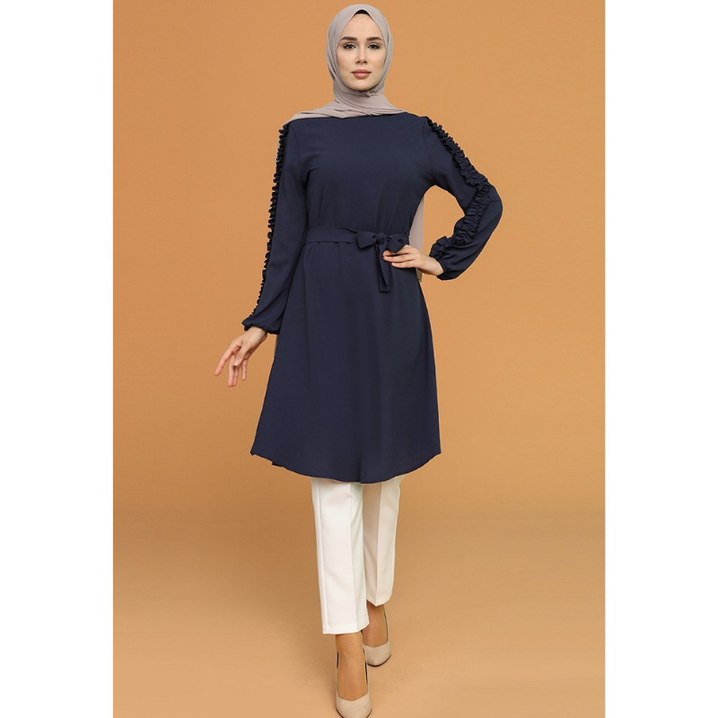 Robe à volants pour femmes musulmanes, avec ceinture, manches longues, col zéro, confortable, 4 saisons, tunique islamique