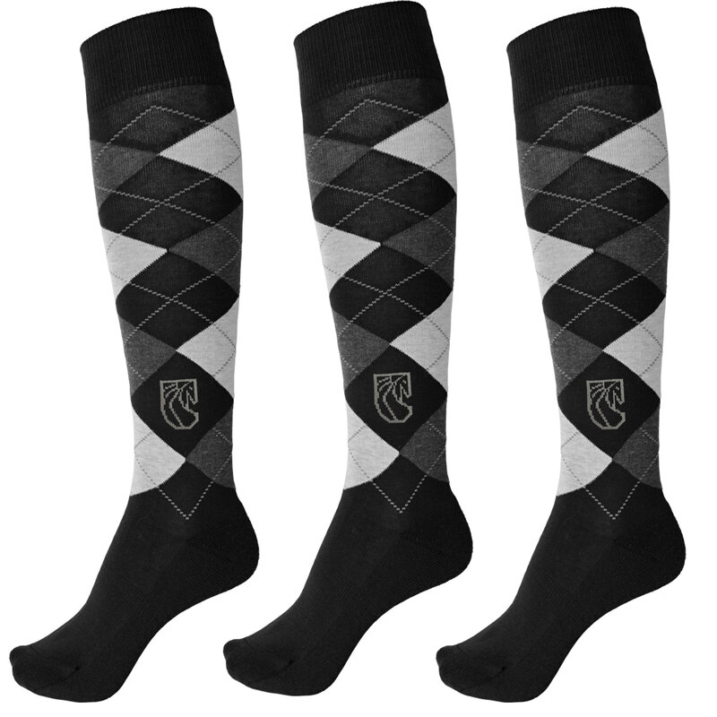Pramoda-algodão joelho meias com padrão verificado, meias equestres para homens e mulheres, 3 pares